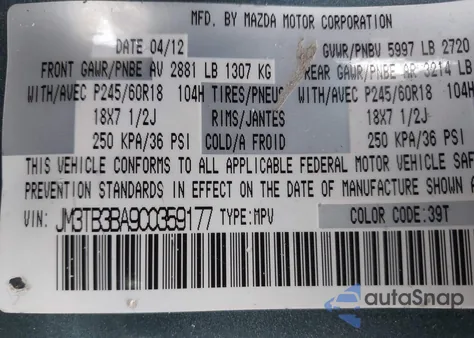2012 Mazda Cx-9 Sport from USA, damaged, VIN JM3TB3BA9C0359177